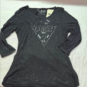 Guess Vintage 90s Stonewashed Black Graphic 3/4 Sleeve Tee Size Medium NWT